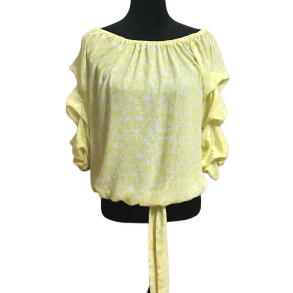 Vince Camuto Women's Yellow Geo Print Off the Shoulder Cha Cha Blouse Medium - Picture 4 of 10
